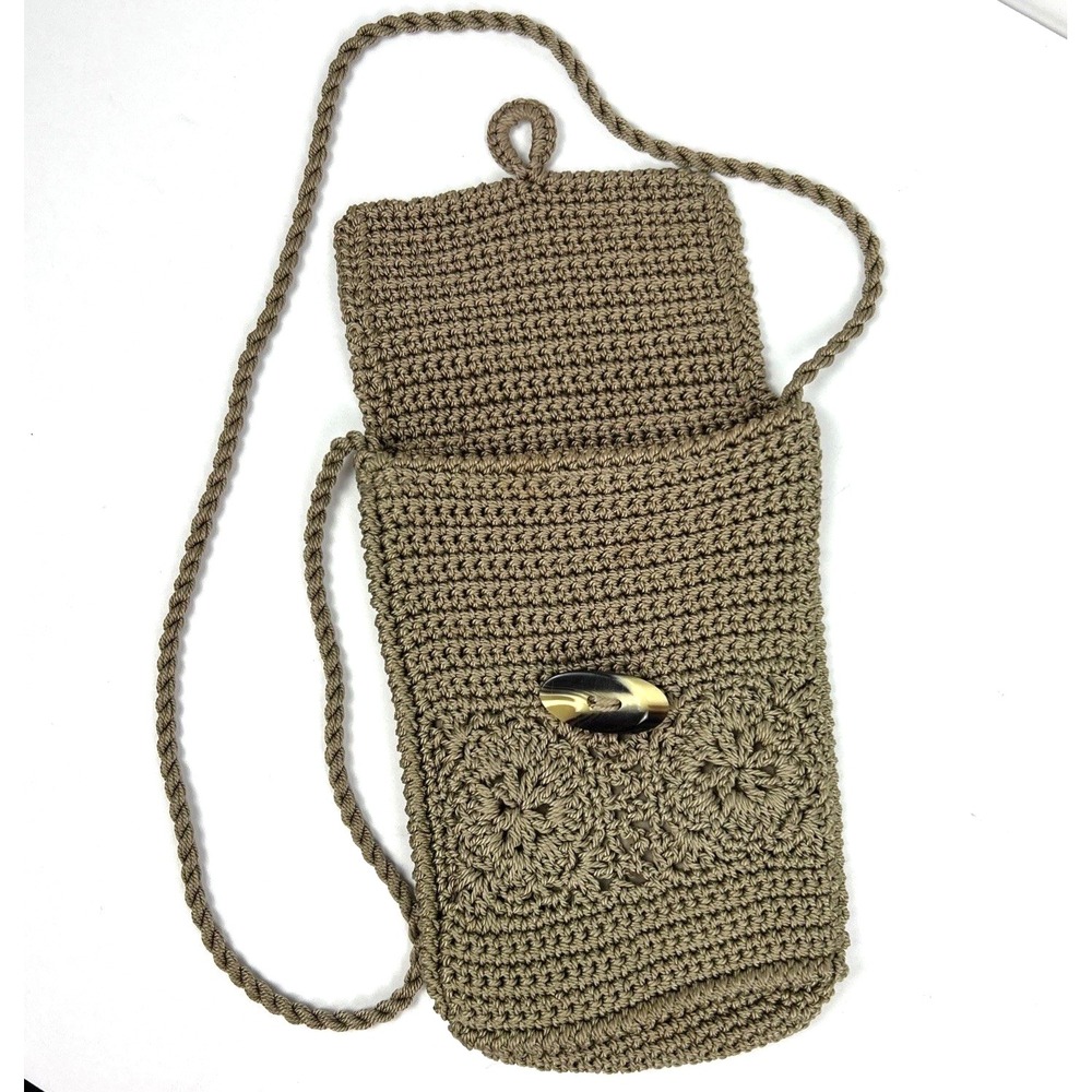 Crochet Crossbody Bag Gray Boho‎ Neutral Lightweight Hippie Small Khaki/Tan